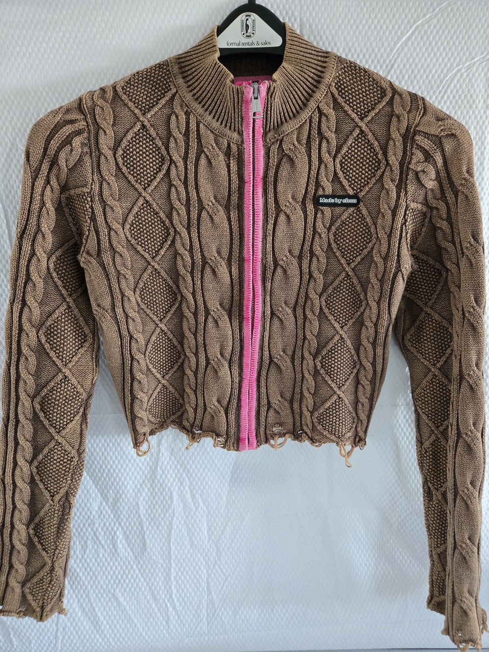 Chuu Brown Cable Knit Zip Cardigan with Pink Trim